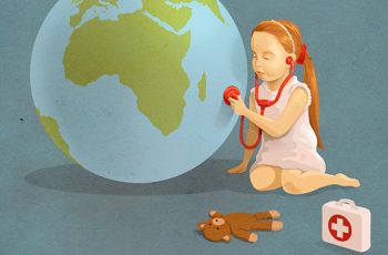 Graphic of a girl holding a stethoscope to a globe